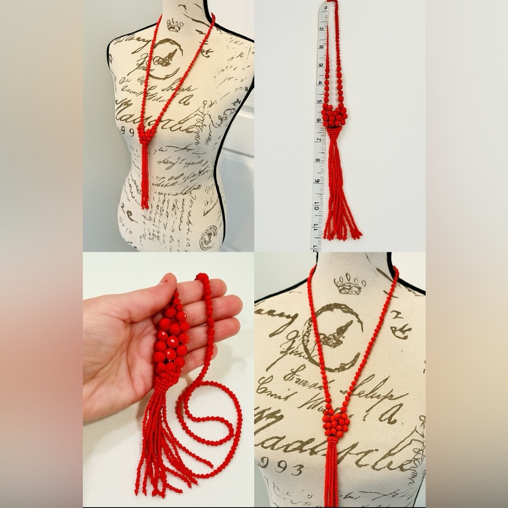 Vintage 1960’s Czech Red Faceted Glass Flapper Tassel Necklace, 36”